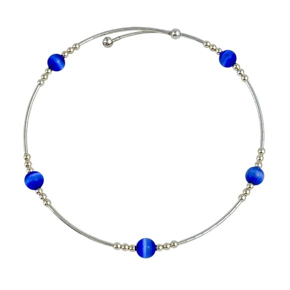 Blue Cat’s Eye Memory Wire Bracelet | Vintage Sterling Silver | 7.5” Adjustable - Picture 1 of 4